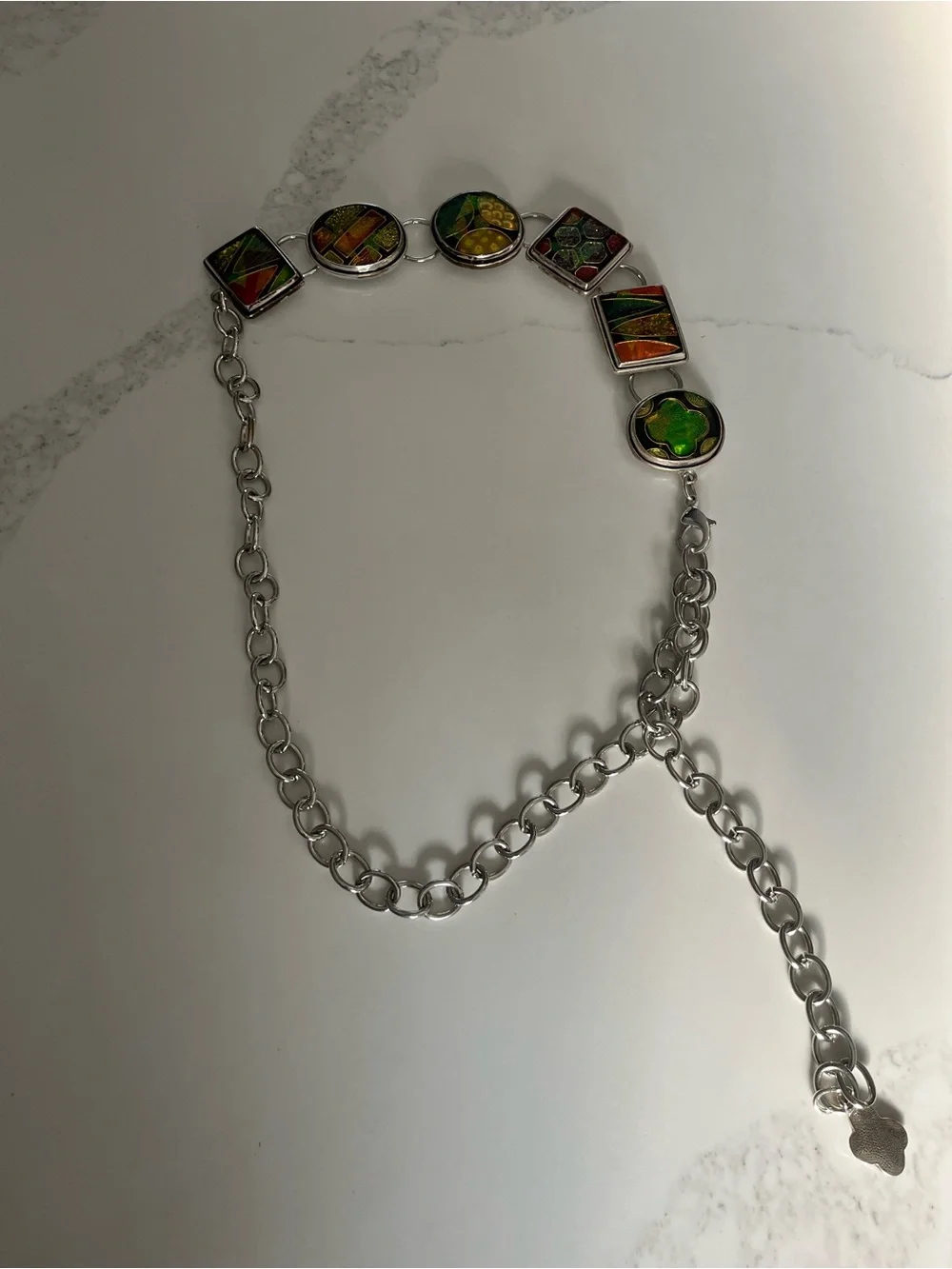 Vintage chicos dichroic art glass chain belt.  Silver tone chain.